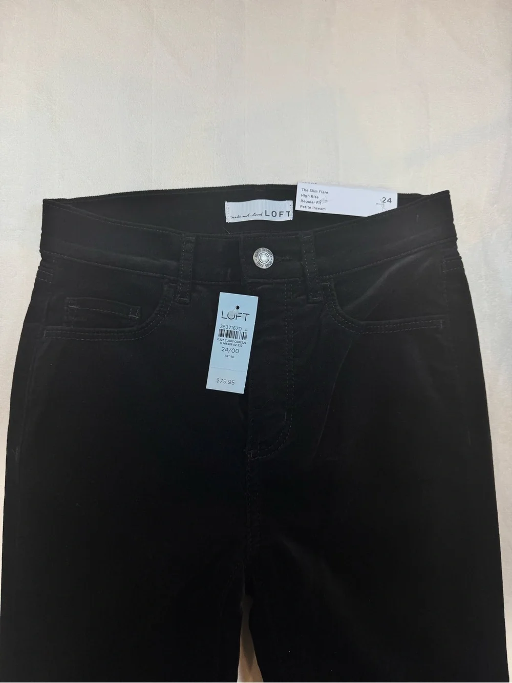 LOFT Petite Slim Flare Pants – Stretch Velvet – Black – Size 24P / 00 – NWT